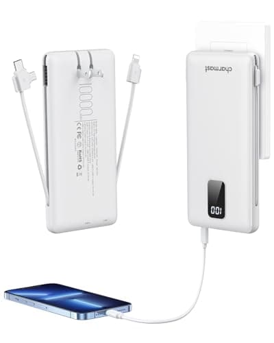 charmast Portable Charger with Built-in Cables and Plug, 10000mAh USB C Power Bank Fast Charging, External Battery Pack Slim, Travel Essentials Compatible with iPhones, Samsung Galaxy, iPad (Navy)