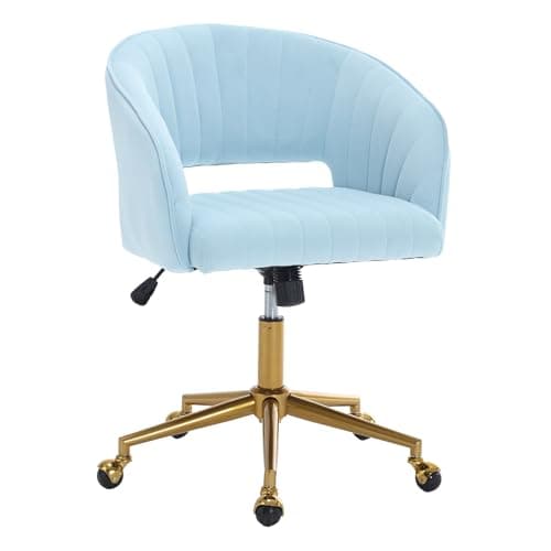 HENGJIANYI Home Office Swivel Desk Chair, Modern Velvet Vanity Chair, Height Adjustable Armchair with Gold Base, Ergonomic Office Chair for Task Study Computer Room, Light Blue