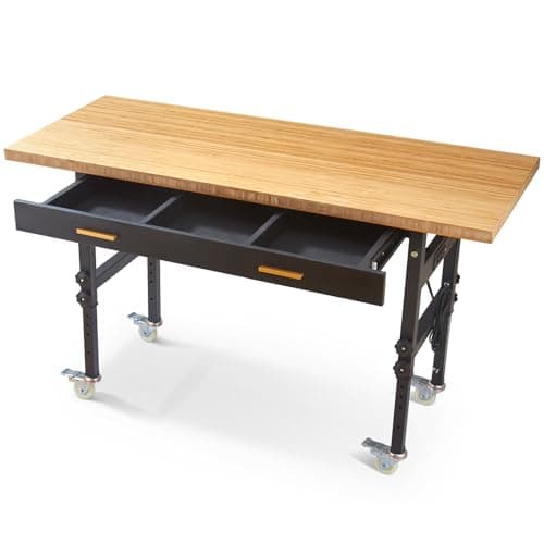 60" Work Bench with Drawers Storage,Workbench with Brake Wheels, Rubber Wood Work Table for Garage, Office, Workshop, Home