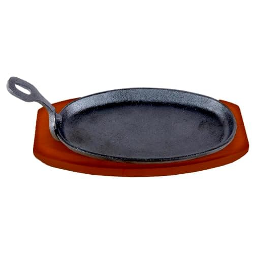 Cast Iron Steak or Fajita Plate 8 x 4 1/2 inside dimension w/ Wooden Holder and Handle