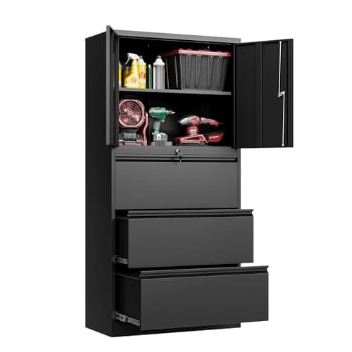 Fesbos 3 Drawers Lateral File Cabinet with Lockable Drawer and Door- Large Steel Filing Cabinet for Home Office Hanging Files Letter/Legal/F4/A4 Size