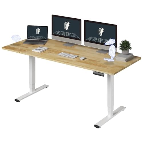 FlexiSpot E6 Solid Wood 3-Stage Dual Motor 71 x 30 Electric Standing Desk, Holds 220 lbs, Adjustable Height w/ Memory Presets, Butcher Block Rubberwood Desktop & White Frame, Ships in 2 Boxes