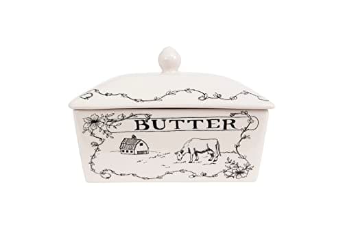 Creative Co-Op Country Stoneware Butter Dish with Lid, "Spread the Love" Message, and Farm Line Drawing, White and Black, Food, Microwave, and Dishwasher Safe