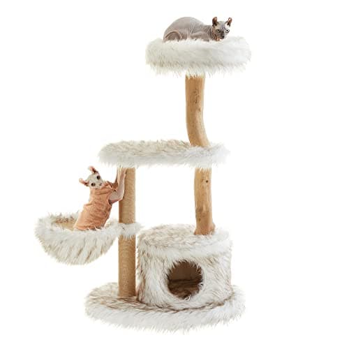Feandrea Modern Cat Tree, Wood Cat Tower for Large Cats up to 22 lb, 48.4-Inch Luxury Cat Condo with Scratching Post, Perch, Cave, Basket, White UPCT144W01