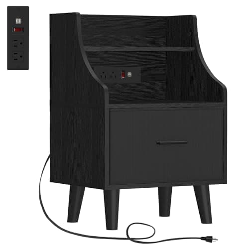 WEENFON Nightstand, Black Nightstands with Charging Station for Bedroom,Wooden Bedside End Table with Drawer and Open Storage,Metal Handles