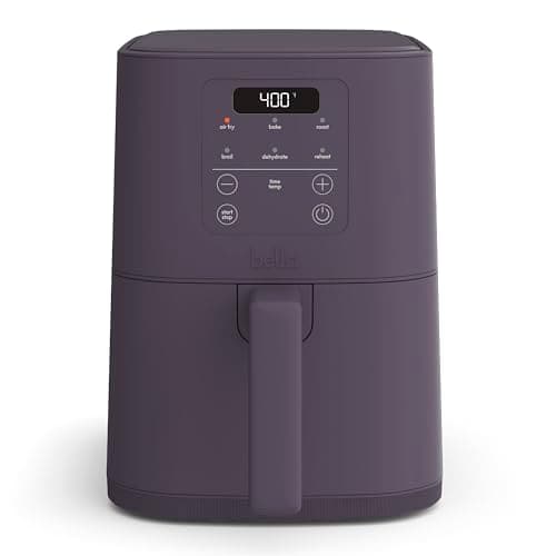 bella 4Qt Slim Air Fryer, Fits-anywhere™ Kitchenware, EverGood™ Ceramic Nonstick Coating, Adjustable Temperature, 6 Preset Cooking Options, 60 Min Auto Shutoff w Audible Tone, 3.3lb Capacity, Plum