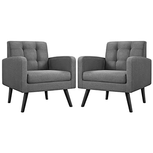Yaheetech Mid-Century Accent Chairs, Modern Upholstered Living Room Chair, Cozy Armchair Button Tufted Back and Wood Legs for Bedroom/Office/Cafe, Set of 2, Gray
