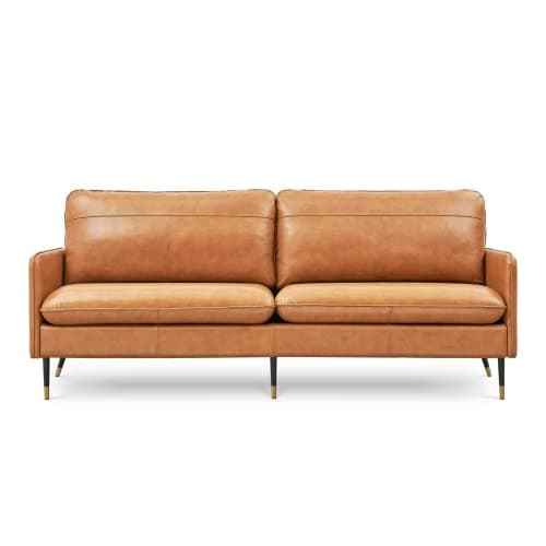 Z-hom 67" Top-Grain Leather Sofa, 2 Seater Loveseat Couch, Mid-Century Modern Leather Couch for Living Room Bedroom Apartment Office, Cognac Tan