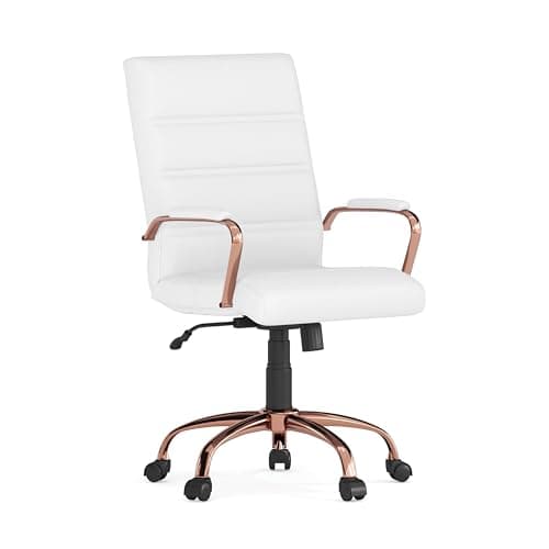 Flash Furniture Whitney Mid-Back Swivel LeatherSoft Desk Chair with Padded Seat and Armrests, Adjustable Height Padded LeatherSoft Office Chair, White/Rose Gold