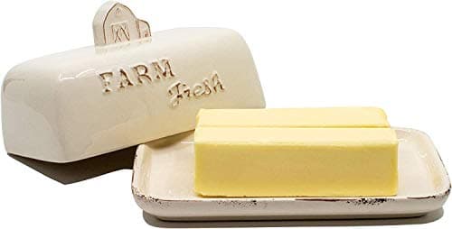 4 Kitchen Vintage Ceramic Butter Dish with Lid, Farmhouse Keeper Fits 2 Eastern or 1 Western Butter Sticks, Sturdy Handle and Cover with Large Base