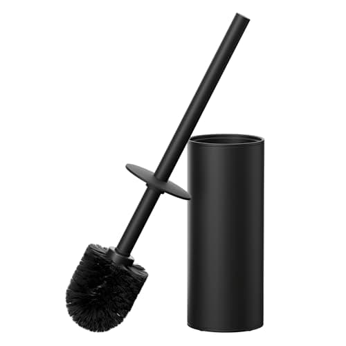FORIOUS Toilet Brush and Holder Set Black, Heavy Duty 304 Stainless Steel Base and Long Handle Toilet Bowl Cleaners Brush, for Bathroom Storage and Organization, 2 Brush Head