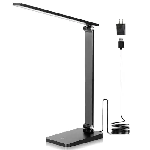 LED Desk Lamp for Home Office, 3 Levels Dimmable Desk Light with USB Charging Port, Small Study Lamp, Reading Light for Table, Black, 5000K