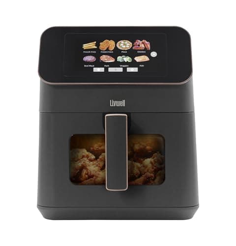 Livwell Touch IQ 7 Quart Air Fryer with High-Resolution Touch Screen, 200+ Presets, 12 Food Categories, 3 Portion Sizes, PFAS-Free, Glass Window Basket, Aesthetic Kitchen Appliance, Gift - Matte Grey