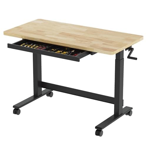 FLEXIMOUNTS 47.2" x 23.6" Adjustable Height Workbench with Hand Crank, Drawers & 360° Wheels – Rubber Wood Top Heavy-Duty Workstation & Steel Frame for Garage, Studio, Kitchen or Workshop