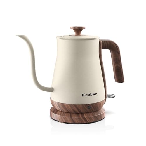 Keebar Gooseneck Electric Kettle Beige, 1000W Electric Tea Kettle Stainless Steel, Pour Over kettle for Coffee, Wood-like Grain Finish Handle, Hot Water Kettle, Auto Shut Off, 0.8L, Beige