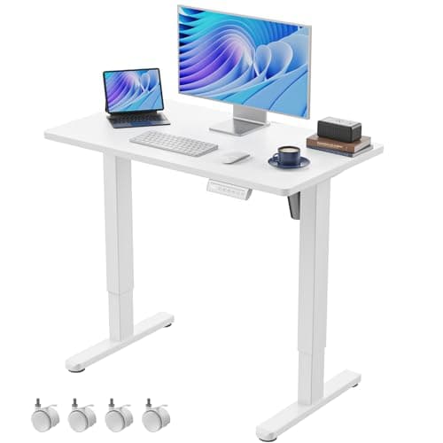 HUANUO Electric Small Standing Desk, 35" x 20" Whole Piece Desktop, Adjustable Height Computer Desk, 4 Height Memory Settings, Sit Stand Up Desk for Home Office, White