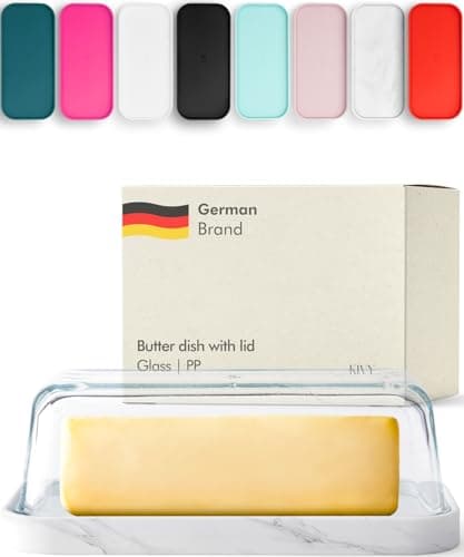 KIVY Glass butter dish with airtight lid that keeps butter soft - For countertop and refrigerator door shelf - Clear glass butter dish with cover - White Marble Butter holder with plastic plate
