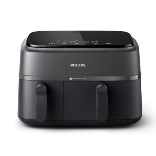 Philips Dual Basket Air Fryer 3000 Series, 8-in-1 functions, 9.5 Quarts, 2 Drawers, Auto-sync Cooking Time, 90% Less Fat, Rapid Air Technology, HomeID Recipe App, Dishwasher Safe, Black, (NA350/00)