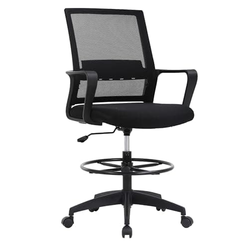 BestOffice Drafting Chair Tall Office Chair Adjustable Swivel Rolling Mesh Height with Lumbar Support Arms Footrest Mid Back for Adults Standing Desk Drafting Stool(Black)