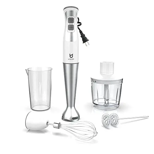 Immersion Hand Blender, UTALENT 5-in-1 8-Speed Immersion Blender with 500ml Food Grinder, 600ml Container,Milk Frother,Egg Whisk,Puree Infant Food, Smoothies, Sauces and Soups - White