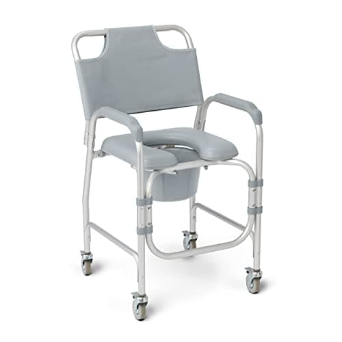 Medline Aluminum Padded Shower Chair Commode with 4 Locking Casters, 300 lbs. Capacity — For Restroom, Bathroom & Wheelchair Transfer to Toilet, 1 Ct.