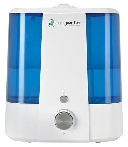 PureGuardian H1175WCA Ultrasonic Cool Mist Humidifier, 90 Hrs. Run Time, 1.5 Gal. Tank Capacity, 390 Sq. Ft. Coverage, Medium Rooms, Quiet, Filter Free, Silver Clean Treated Tank, Essential Oil Tray