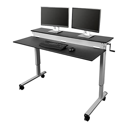 S STAND UP DESK STORE Crank Adjustable 2-Tier Standing Desk with Heavy Duty Steel Frame (Silver Frame/Black Top, 60 inch Wide)