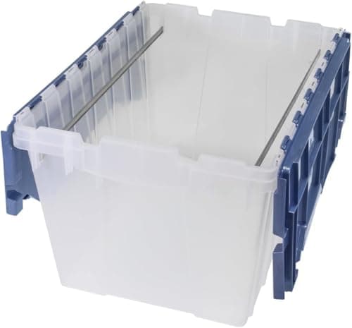 Akro-Mils KeepBox 12 Gallon Storage Container, Nesting and Stackable Plastic Storage Box with Lid Attached and Rails for Letter Size Hanging File Folders, 21" x 15" x 12", Clear/Blue