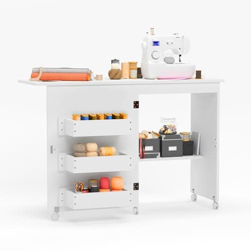 CRAFTEASE Folding Sewing Table Multipurpose Craft Station Desk Rolling Sewing Cabinet Sewing Machine Cart with Lockable Casters, Shelves, Storage Trays, Magnetic Doors, Metal Doorknobs - White