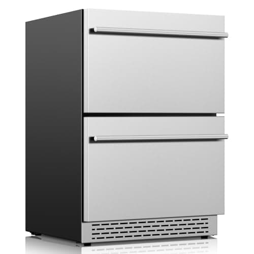 WINEBOSS 24 Inch Beverage Refrigerator, Under Counter Double Drawer Fridge for Drink Soda Beer, 37-64°F, Freestanding/Built-in Stainless Steel Beverage Cooler for Home Outdoor Commercial Use