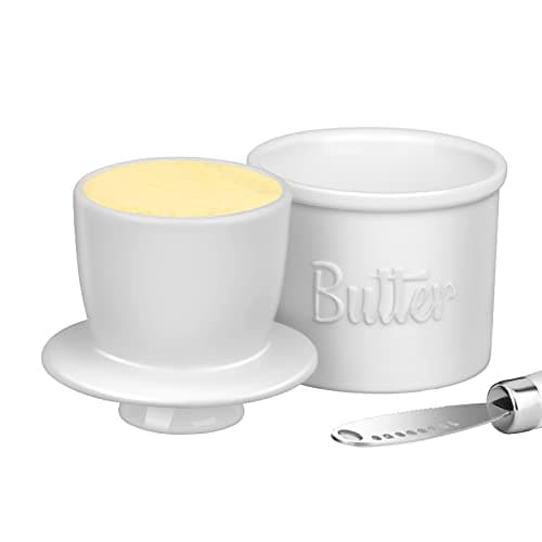 Butter Crock with Spreader, French Butter Keeper with Water Line for Counter, The Original Porcelain Butter Dish. Gift for Thanksgiving, Christmas and Mother’s Day,JSHKY. (Color: White)
