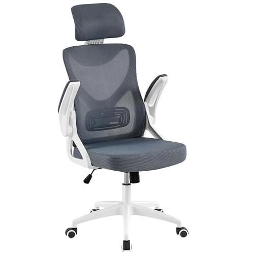 Yaheetech Ergonomic Mesh Office Chair, High Back Desk Chair with flip-up Armrests, Adjustable Padded Headrest Lumbar Support for Home Oiffce Game Room, White/Gray