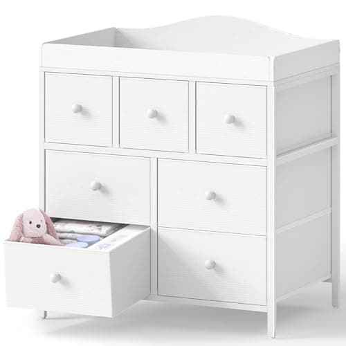 BOLUO Changing Table Dresser with Storage, Baby Dresser with Changing Table Top Diaper Changing Station with 7 Fabric Drawers for Nursery Modern