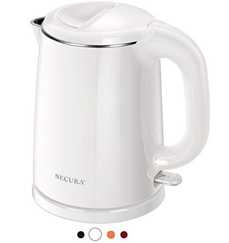 Secura Stainless Steel Double Wall Electric Kettle Water Heater for Tea Coffee w/Auto Shut-Off and Boil-Dry Protection, 1.0L (White) SWK-1001DW/HB-K012