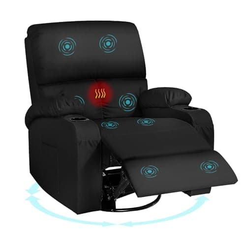 LAFWELL Rocking Recliner Chair, Massage Rocker Recliner Chair with Vibration Massage and Heat, 360° Swivel Faux Leather Chairs, Living Room, Bedroom, Nursery, RV, Black