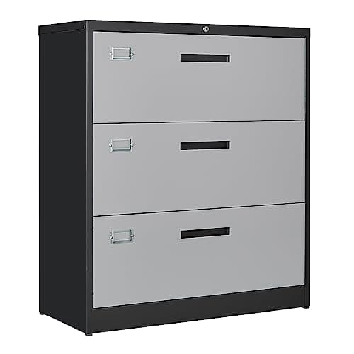 Letaya File Cabinet with Lock-Lateral 3 Drawer Metal Filing Cabinets-Organization Storage for Home Office-Hanging Letter/Legal/F4/A4 Size (Grey Black)