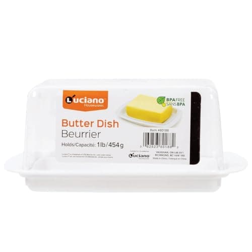 Luciano Housewares Butter Dish, BPA-Free Plastic Butter Dish with Lid, Butter Container for Table, Countertop, and Fridge, Versatile Butter Holder for 1-lb Butter, White, 5.5" L x 3.5" W x 3.25" H