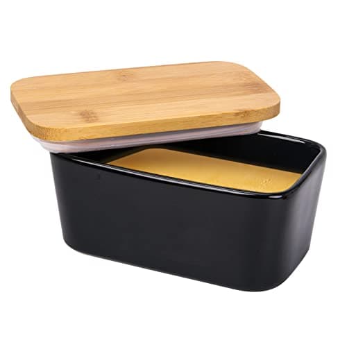 Arswin Butter Dish with Lid, Porcelain Keeper with Wood Lid Cover for Butter, Microwave Safe Easy Clean Butter Storage Container for Countertop and Refrigerator (Black 10oz)