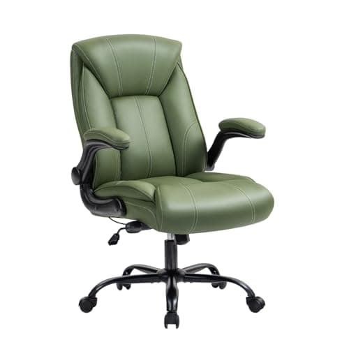 SEATZONE Leather Executive Desk Chair Breathable PU Office Chair with Adjustable Lumbar,High Back Computer Chair with Wheels,Padded Flip-up armrest(Green)