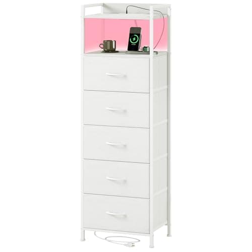Somdot White Nightstand with Charging Station and LED Light for Bedroom, Tall 5 Drawers Dresser with Fabric Bins for Bedside Kids Dorm Room Closet Laundry Entryway, White Leather
