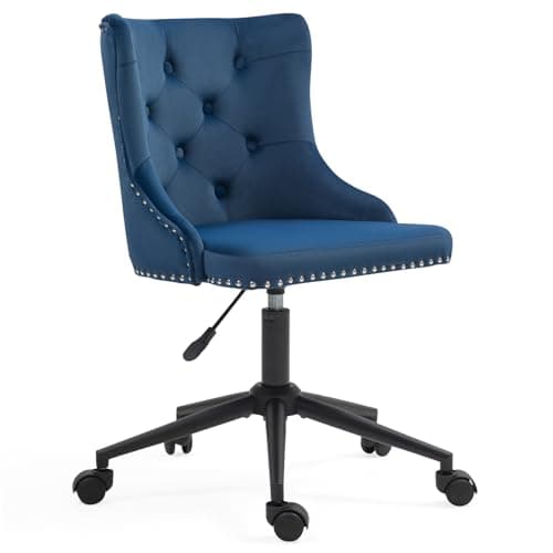 ComHeFu Navy Velvet Modern Upholstered Home Office Desk Chair with Height Adjustable Black Base and Mid-Back Tufted Nail Swivel Vanity Chair (Blue)