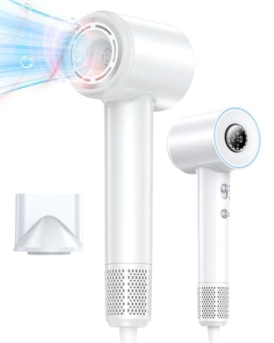 VivaEase Hair Dryer, 1400W Negative Ionic Hair Dryer, Professional High Speed Hairdryer for Fast Drying, 3 Speeds and 5 Temps with HD Display, Low Noise Blow Dryer for Home Salon-White