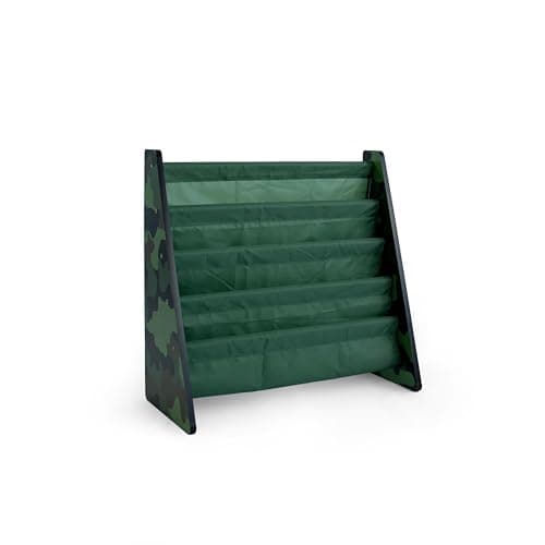 Humble Crew 4-Tier Kids Bookshelf, Camo Wood/Green - Premium Book Shelf for Kids Rooms with Four Deep Pockets - Toddler Sling Book Rack with Deep Sleeves, Nursery Bookcase Organizer