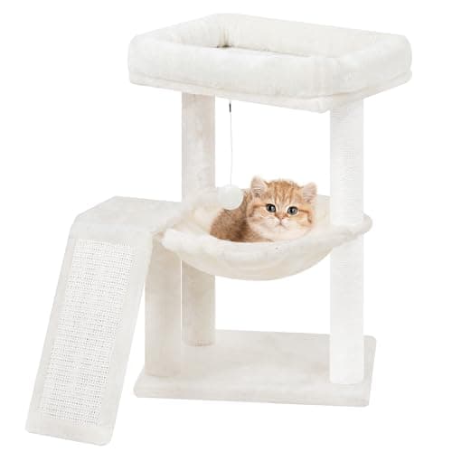 YOUPET Cat Tree with Cat Scratching Post for Indoor Cats, Cat Tower with Scratching Board and Playful Toy Balls, Cat Tree Tower with Cozy Hammock,Beige
