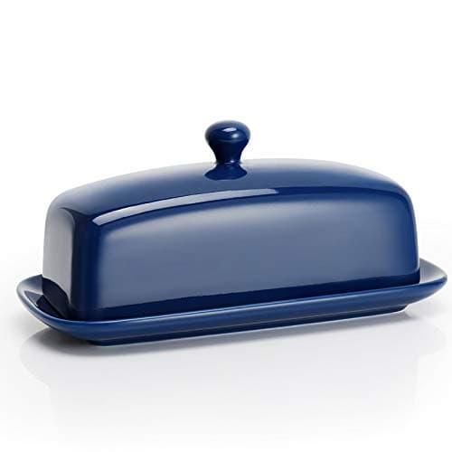 Sweese Butter Dish with Lid, Porcelain Butter Keeper, 7.8 Inch Butter Holder with Handle Cover, Butter Container Perfect for East West Coast Butter, Navy