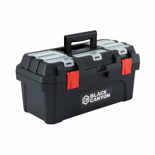 Black Canyon 17 Inch Plastic Tool Box, Support up to 44 lbs, w/Handle, Polypropylene, Dual-Layer Design, Flexible for Stacking, Top-Lid Storage, Ideal for DIY, Workshop, Job Site Organization