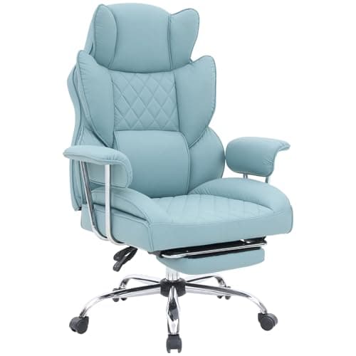 SJGUOJI Executive Office Chair with Footrest, Ergonomic High Back Desk Chair with Lumbar Support, Reclining Leather Chair with Padded Armrest and Wheels for Home Office, Light Blue