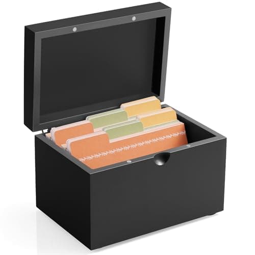 DRASTAR Index Card Holder 3x5, Wooden Index Card Organizer Box with 45 Index Card Dividers, Flashcard Notecard Holders for Home Office, Black