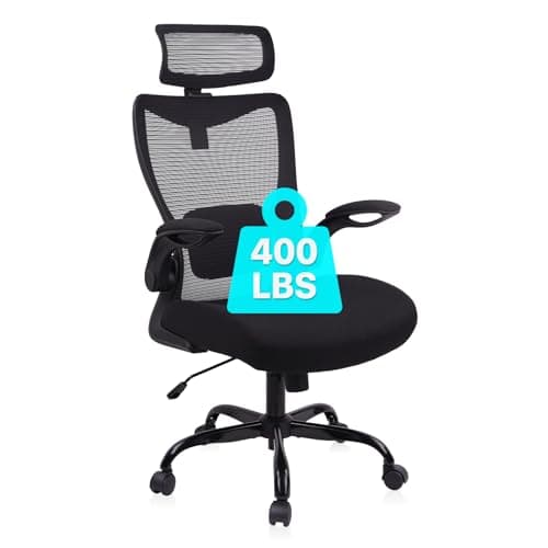 CLATINA Heavy Duty Ergonomic Mesh Office Chair 400LBS, Big and Tall Desk Chair with Adjustable Lumbar Support & Headrest, Flip Up Padded Arms, Swivel Computer Chair for Home, Study, Conference, Black