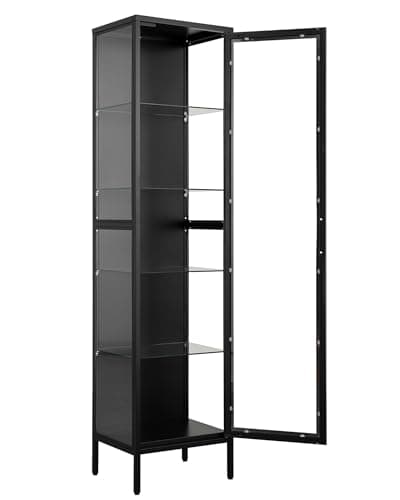 PEUKC Display Storage Cabinet with Glass Doors, 71 Inches Metal Curio Cabinets with 4 Adjustable Shelves, HD&Tempered Glass Cabinet Display Case for Home, Office, Pantry, Assemble Required (Black)